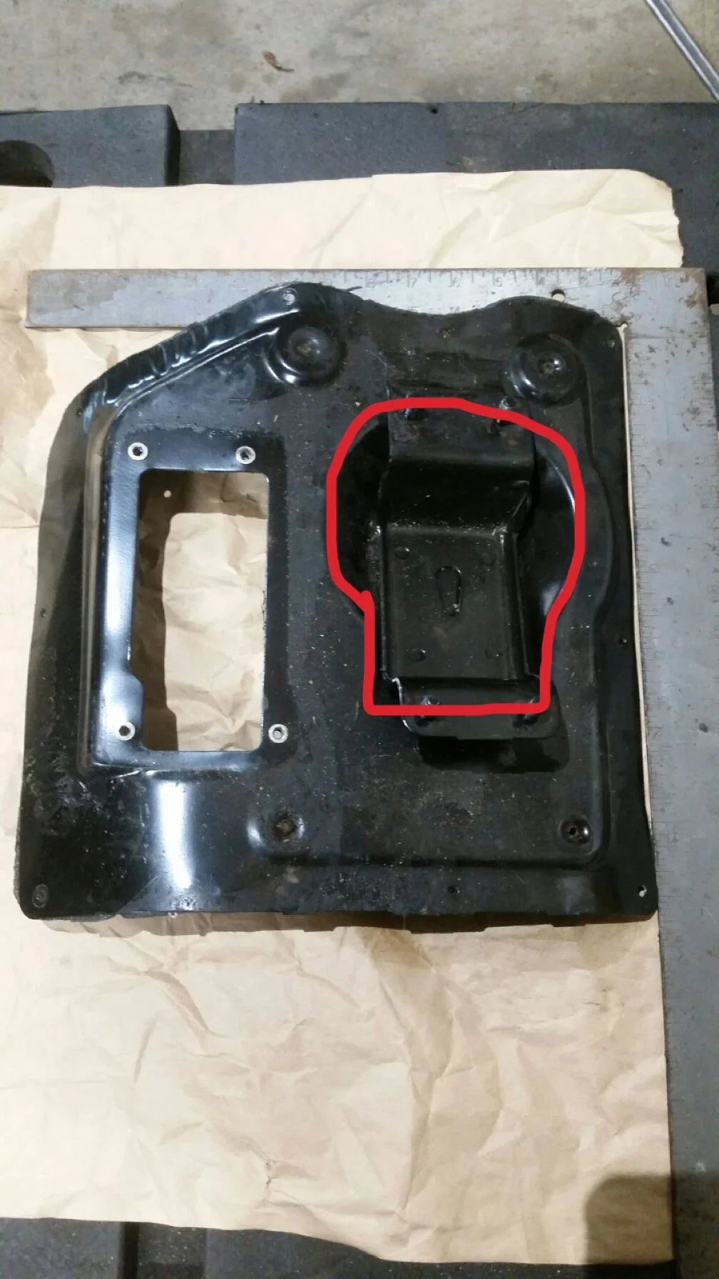 Red shape indicates where to cut if you are manual swapping using an automatic transmission shifter cover. Cut along red line, and screw main dust boot plate over hole.