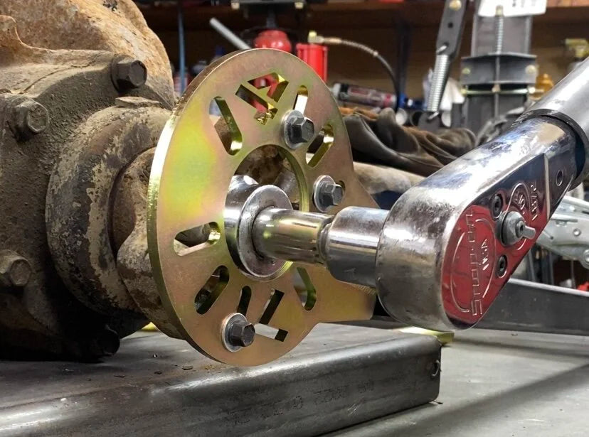 Photo of Chevy 14 Bolt rear differential when the Large 4Link4WD pinion tool was tested. The failure point was actually the threads of the pinion and nut which stripped. The pinion tool did not bend or break.