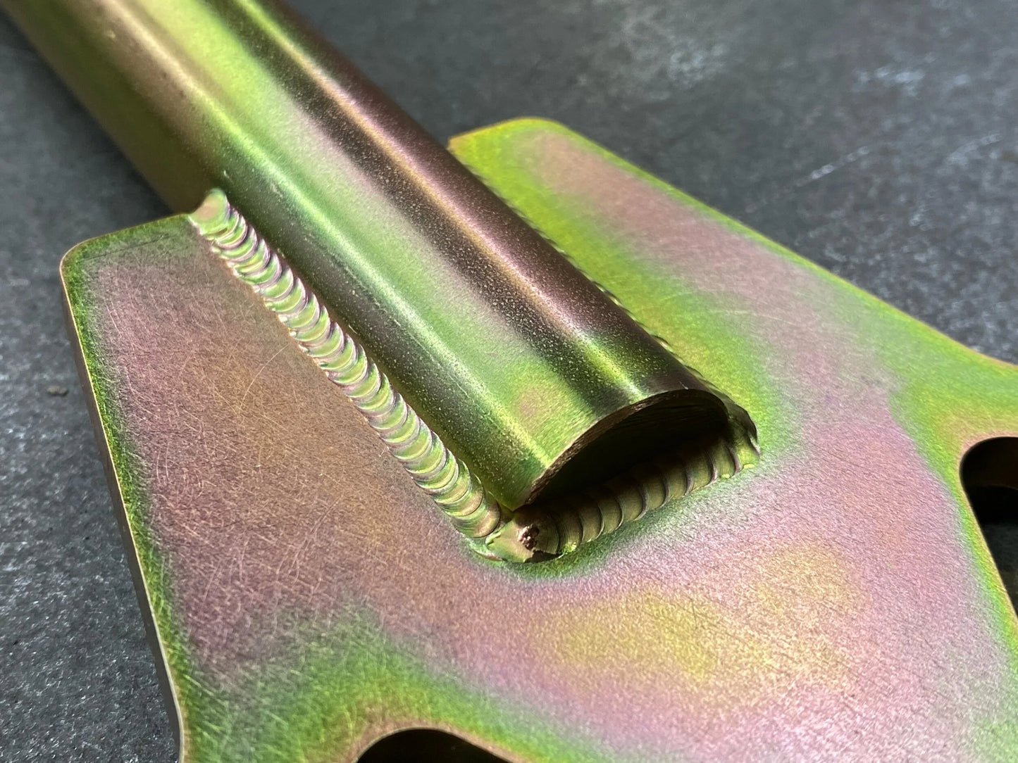 Close up of hand TIG-welded construction of 4Link4WD small pinion tool .
