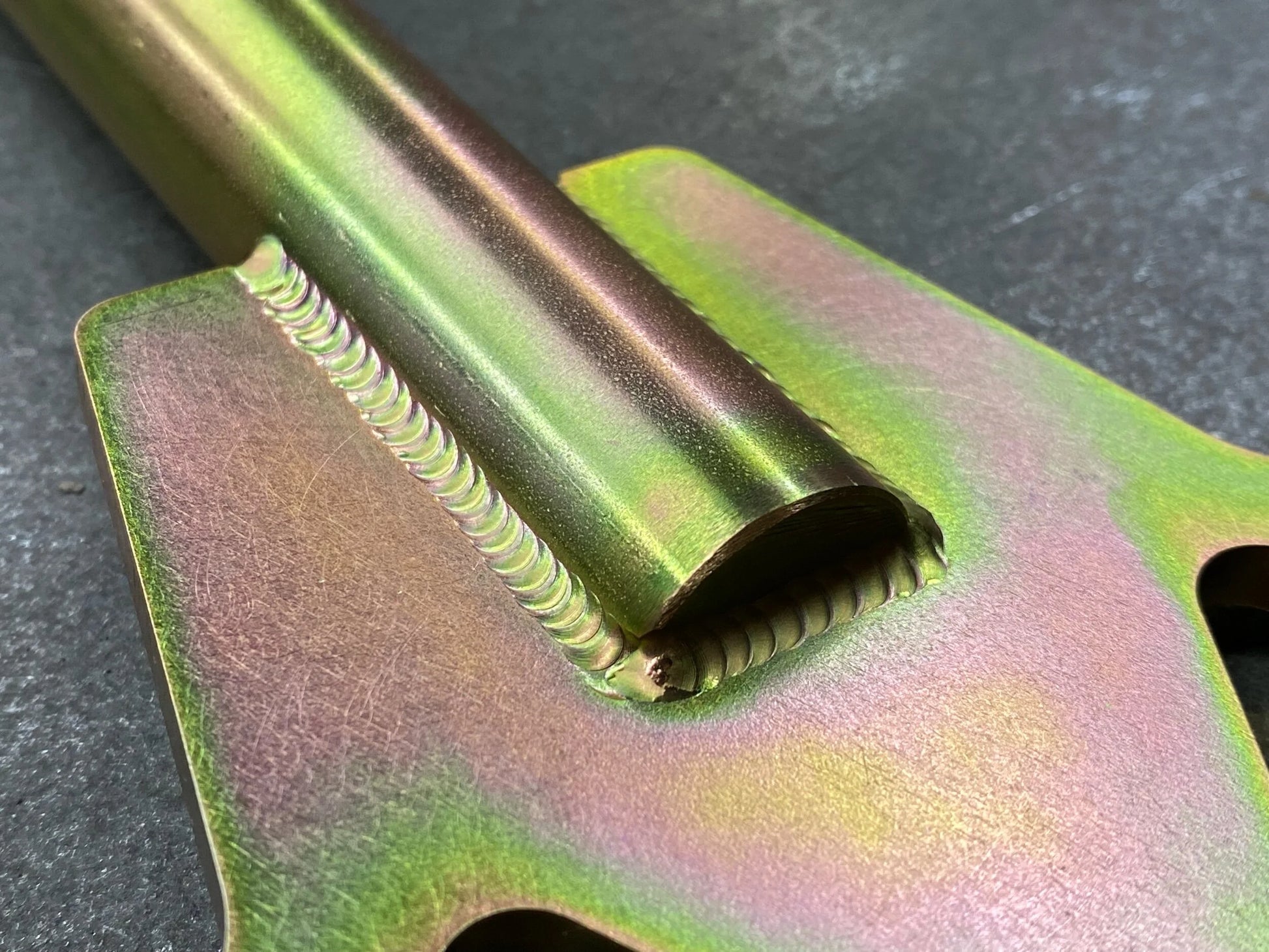 Close up of hand TIG-welded construction of 4Link4WD small pinion tool .