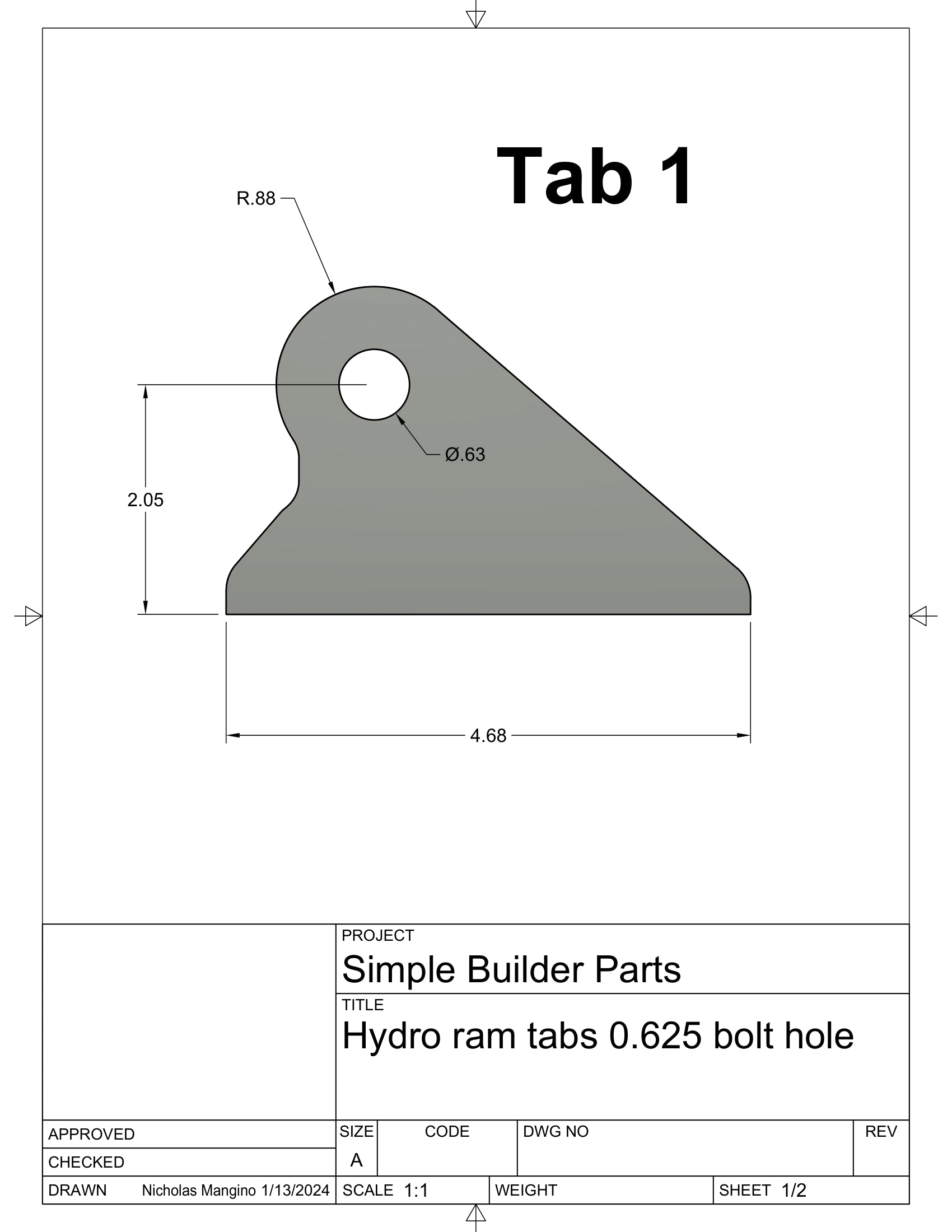Dimensions of 4Link4WD hydraulic ram assist tabs.