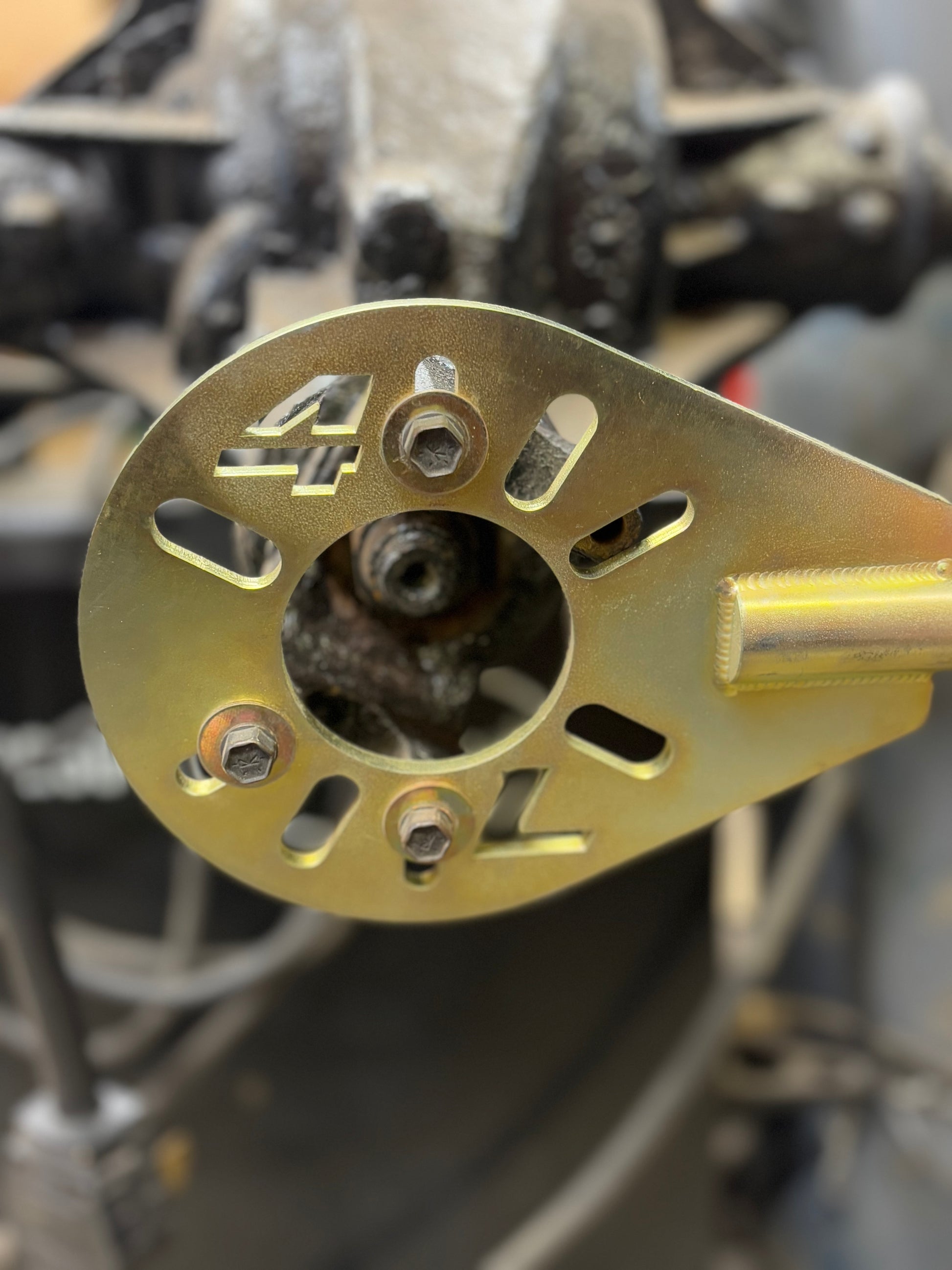 Large 4Link4WD pinion tool shown bolted to GM pinion yoke. 